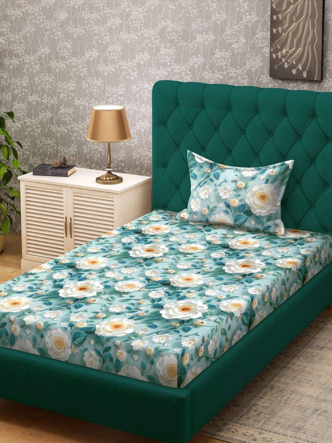Myntra Elegant Homes Turquoise Blue Floral 300 TC Cadar Tempat Tidur Single dengan 1 Sarung Bantal