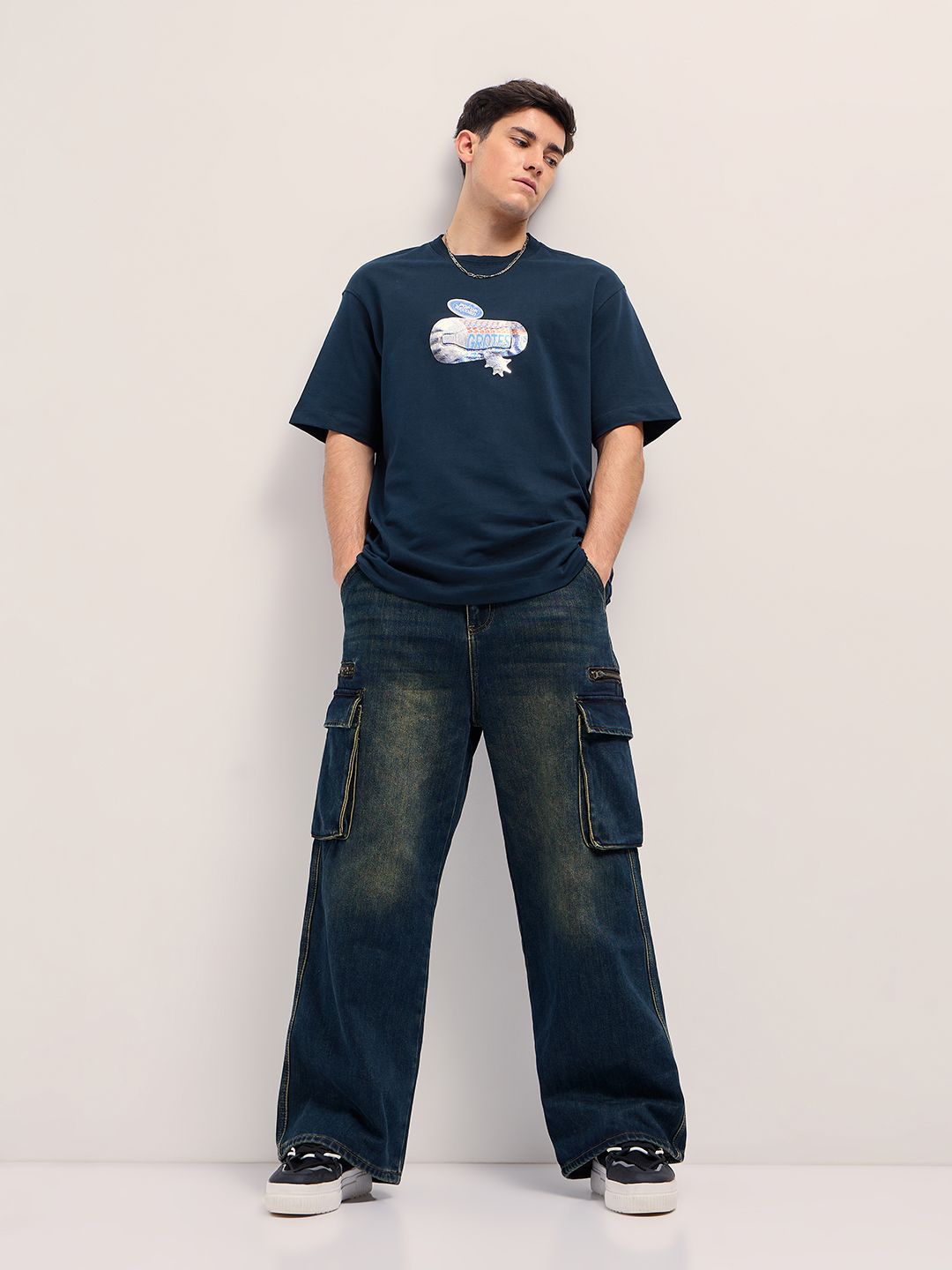THE BEAR HOUSE Men Graphic Printed Round Neck Cotton Oversized T-shirt