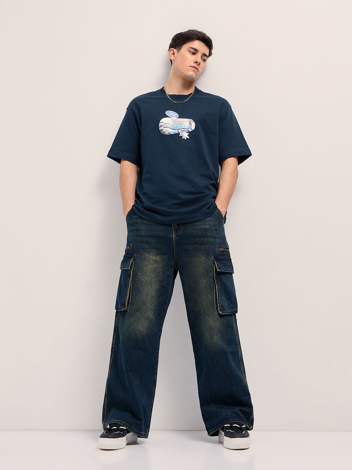 THE BEAR HOUSE Men Graphic Printed Round Neck Cotton Oversized T-shirt