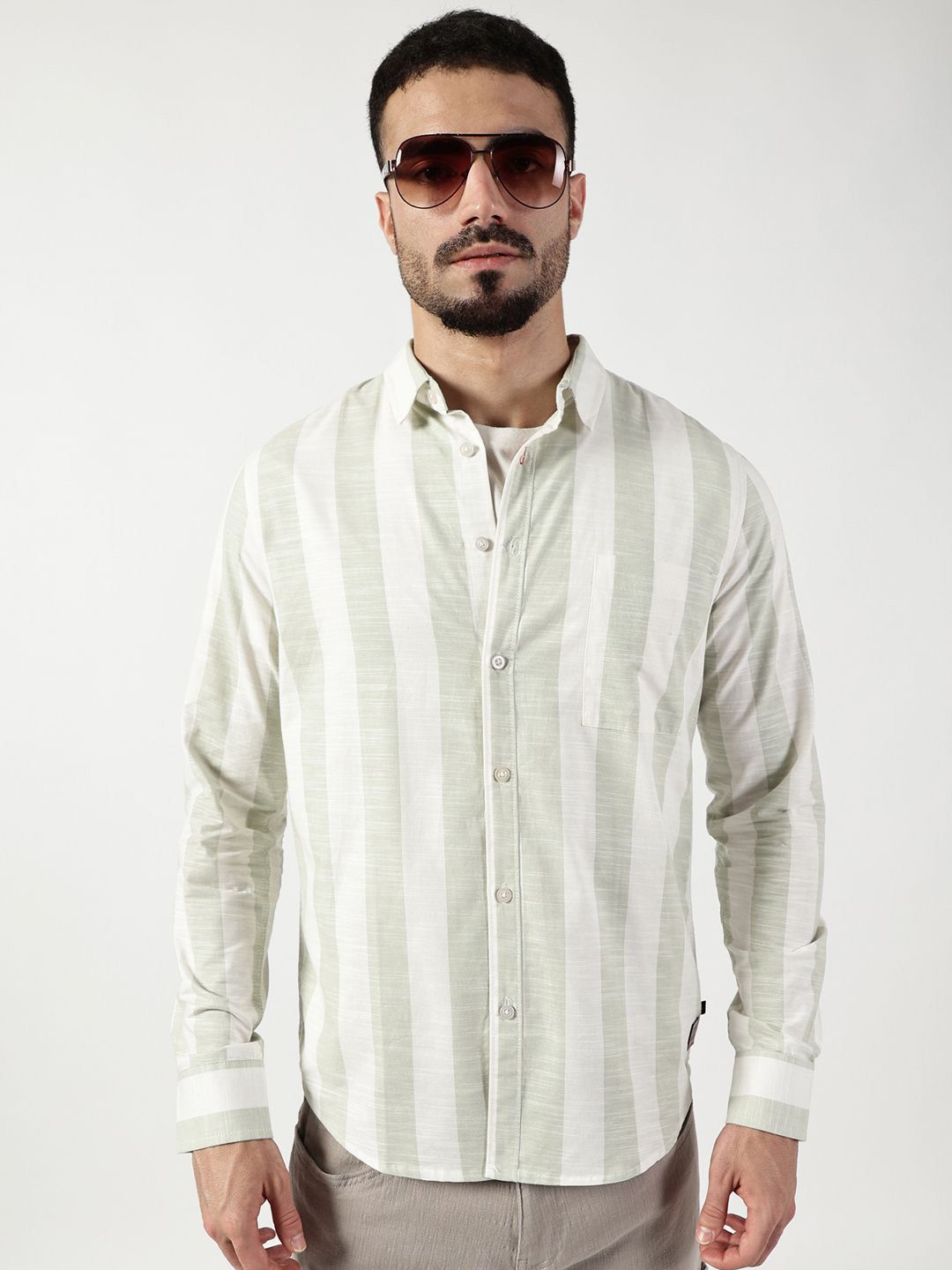 Thomas Scott Men Premium Spread Collar Vertical Striped Cotton Slim Fit Casual Shirt