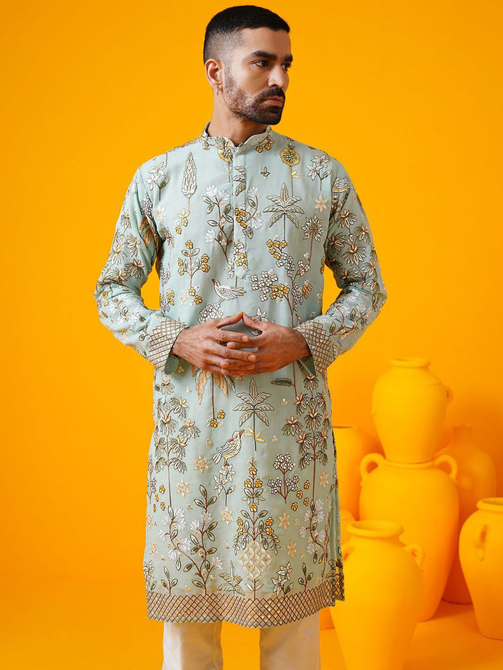 SOJANYA LUXE Floral Sulam Labuci Mandarin Collar Straight Georgette Kurta
