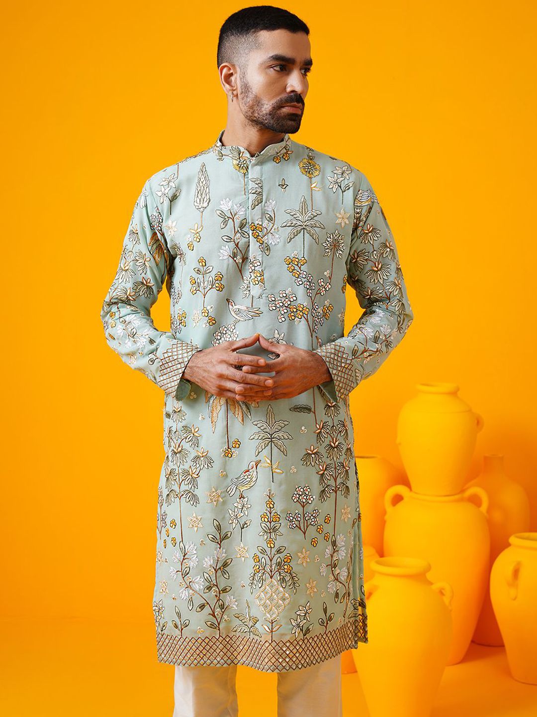 SOJANYA LUXE Floral Sulam Labuci Mandarin Collar Straight Georgette Kurta