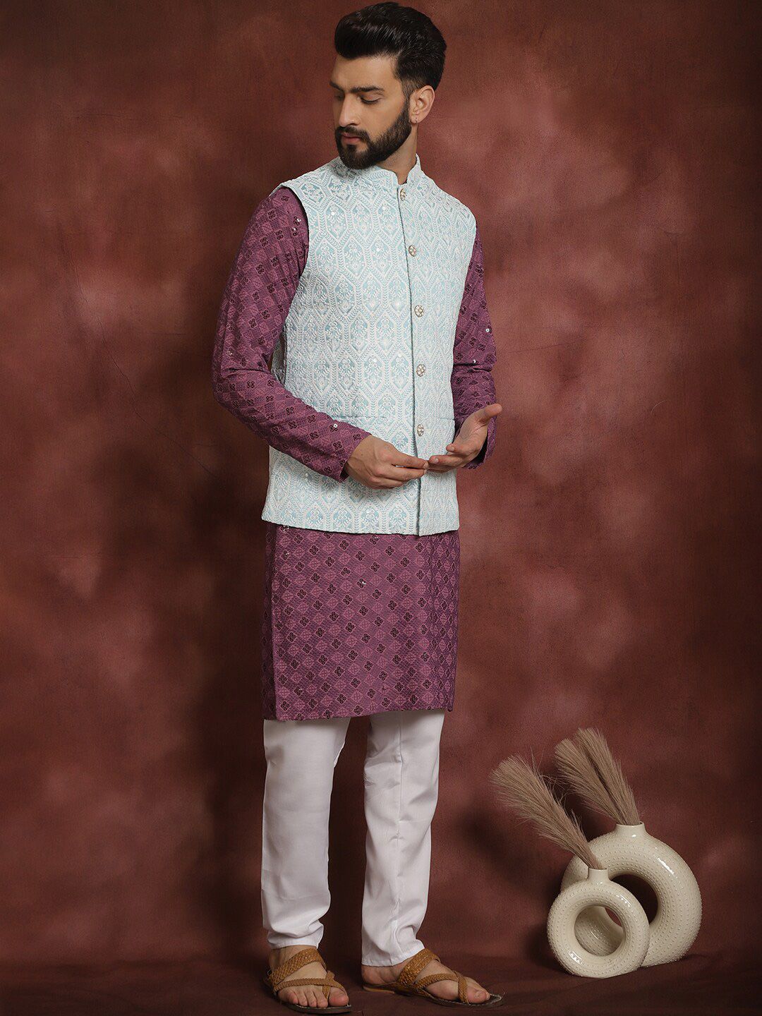 Anouk Ethnic Motifs Embroidered Regular Thread Work Kurta with Pyjamas & Nehru Jacket