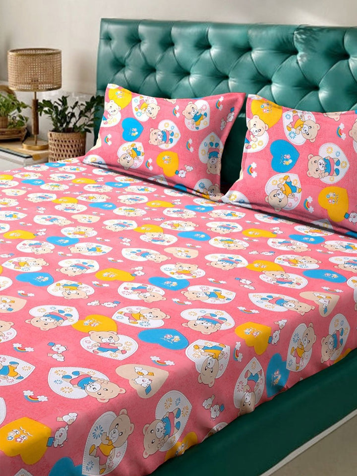 KLOTTHE Kartun Merah Jambu Dicetak Dilengkapi 400 TC Kapas Cadar King & 2 Sarung Bantal