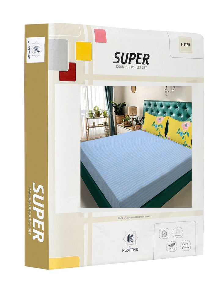 KLOTTHE Biru & Putih Bercetak Bercetak Dilengkapi Cadar King Double 300TC & 2 Sarung Bantal