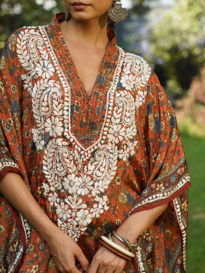 House of Chikankari Women Printed Chikankari Crepe Kaftan Kurta