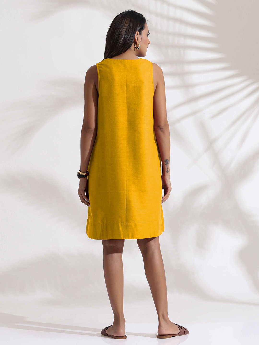 trueBrowns Women A-Line Mustard Cotton Blend Short Dress