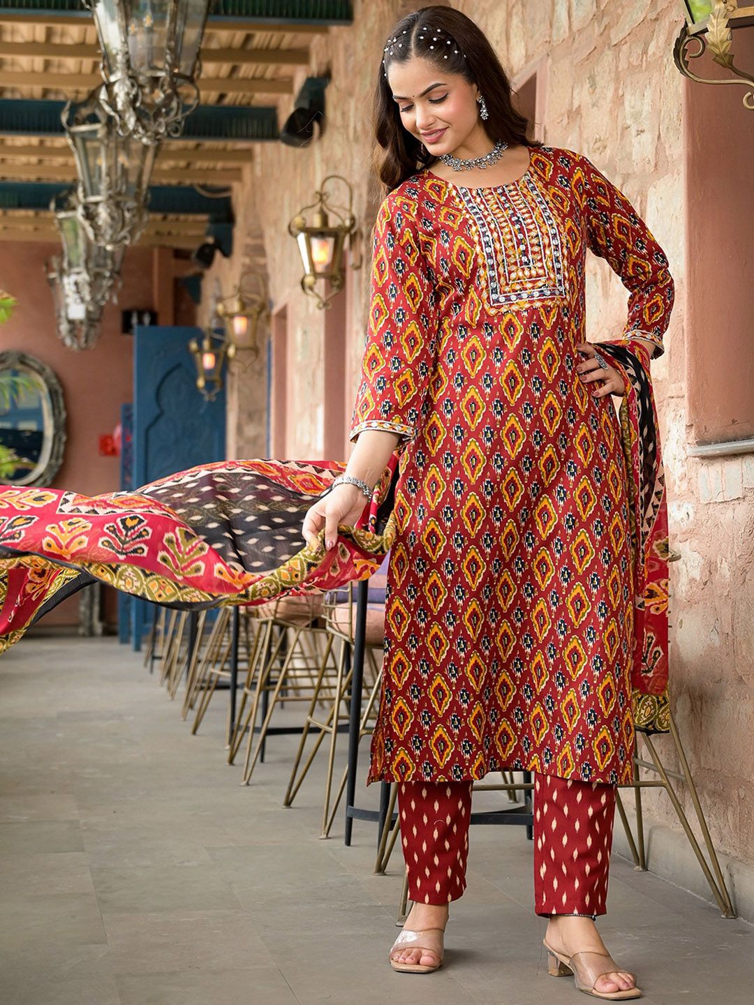 KALINI Geometric Printed Thread Work Straight Kurta With Trousers & Dupatta