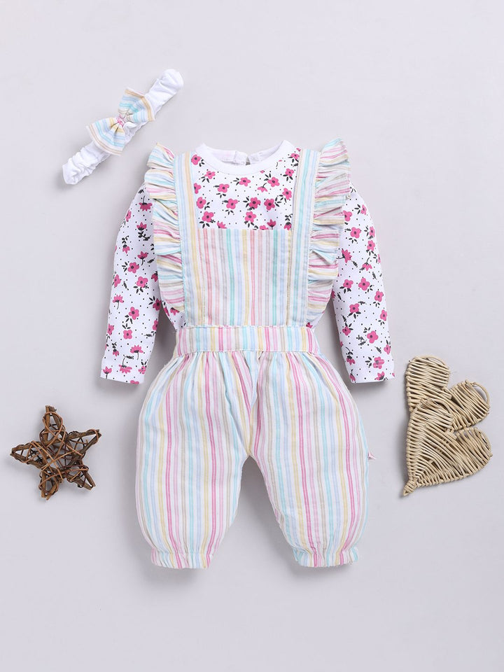 Moms Love Infants Girls Cotton Striped Ruffled Dungarees with T-shirt & Headband
