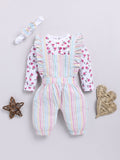 Moms Love Infants Girls Cotton Striped Ruffled Dungarees with T-shirt & Headband
