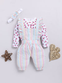 Moms Love Infants Girls Cotton Striped Ruffled Dungarees with T-shirt & Headband