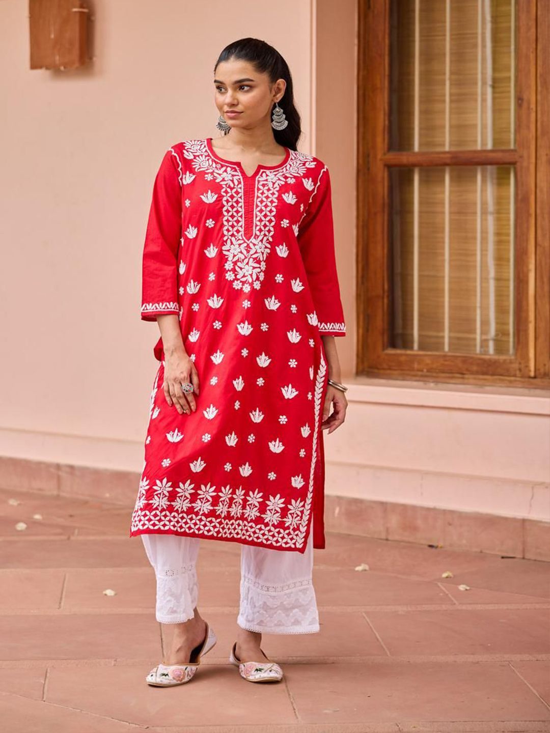 House of Chikankari Women Red Cotton Chikankari Embroidered Kurta
