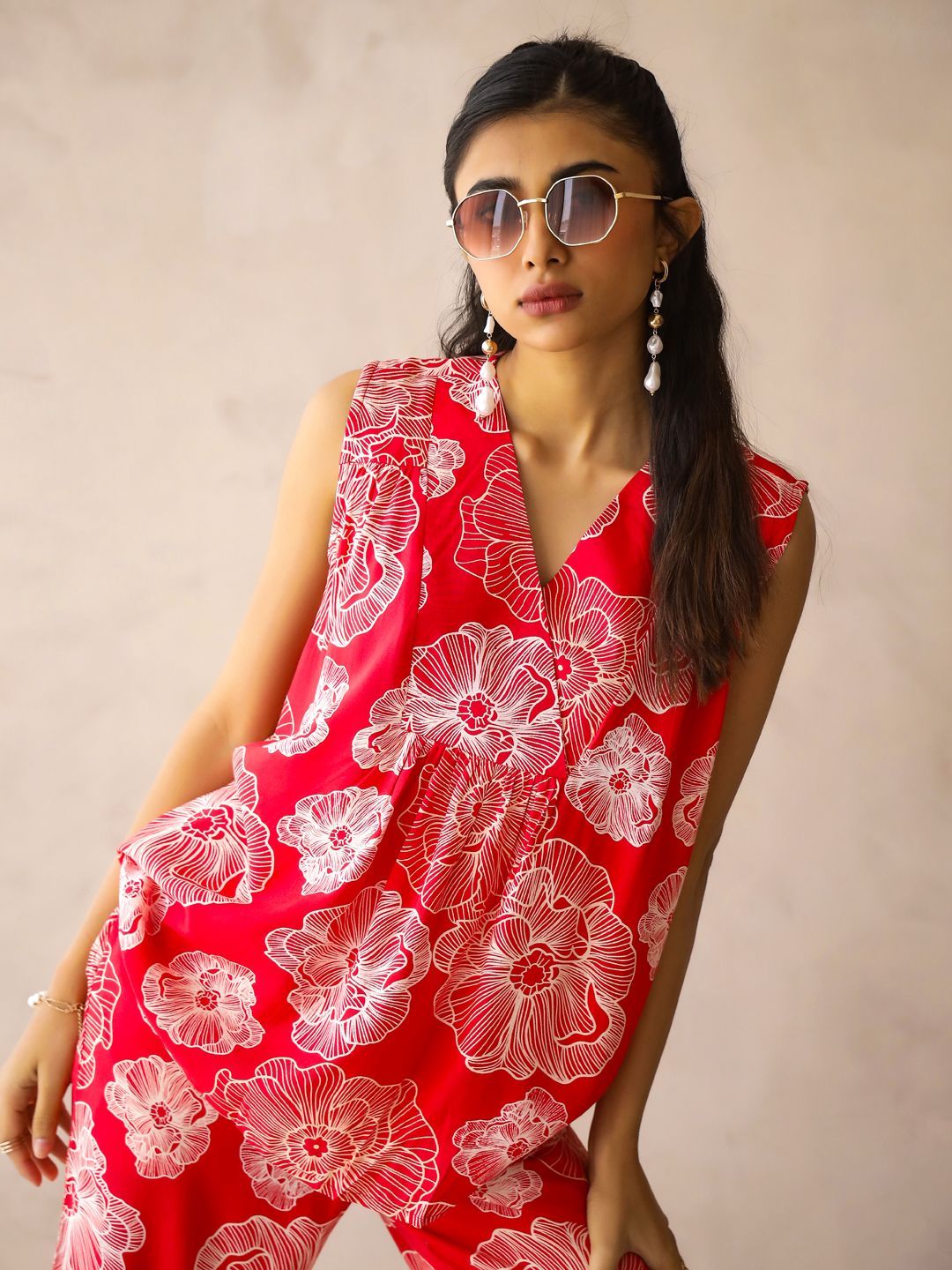 SANSKRUTIHOMES Printed V Neck Tunic With Trousers Co-Ords Set