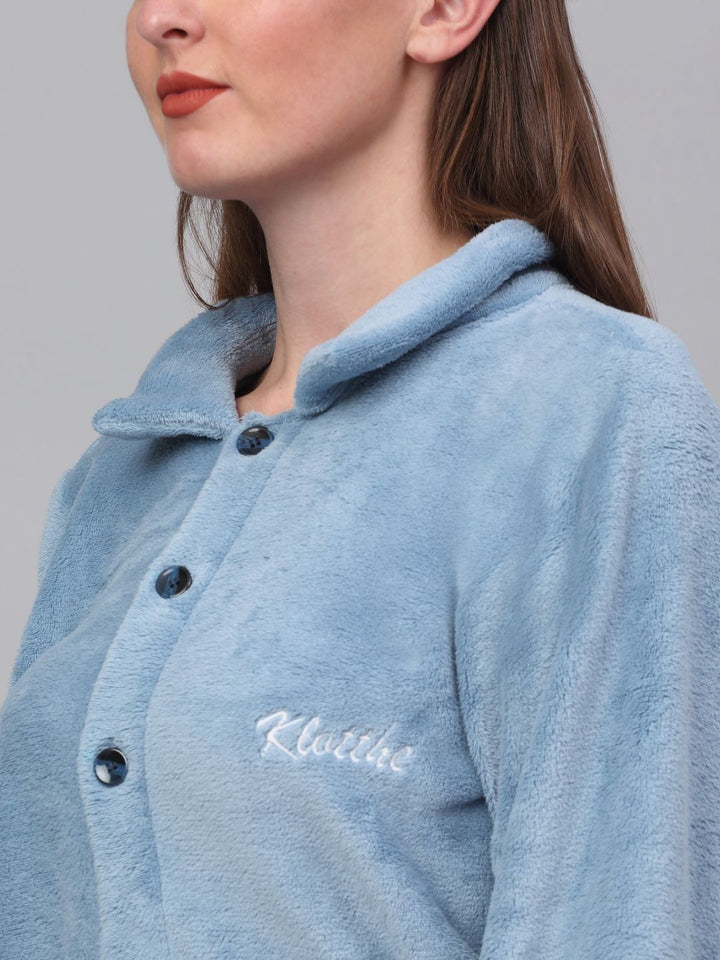 KLOTTHE Blue Shirt Collar Woollen Bath Robe With Belt