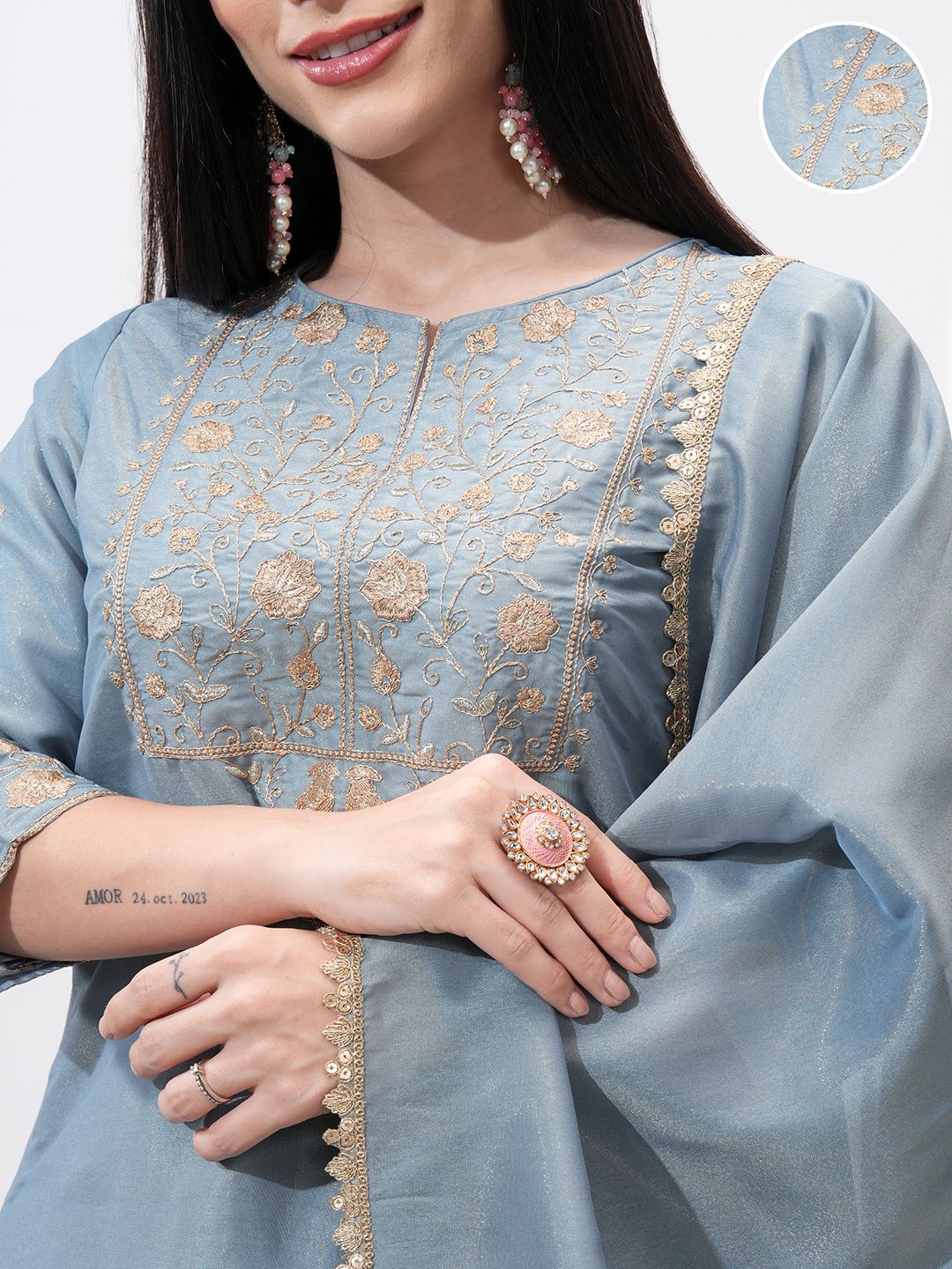 Vishudh Women Ethnic Motifs Embroidered Regular Kurta with Trousers & With Dupatta