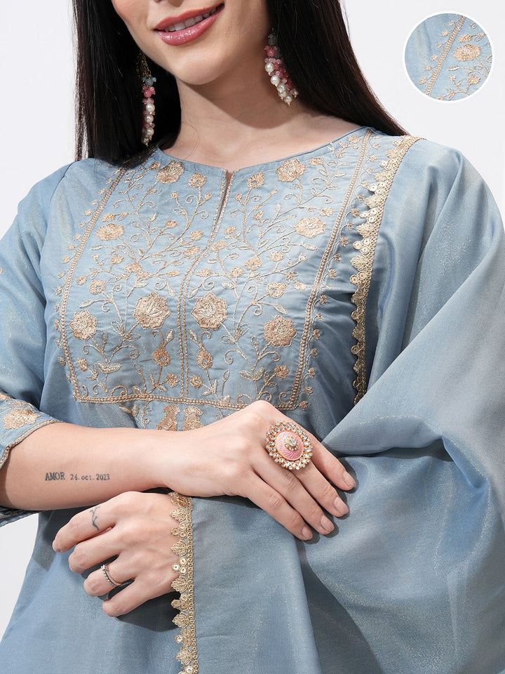 Vishudh Women Ethnic Motifs Embroidered Regular Kurta with Trousers & With Dupatta
