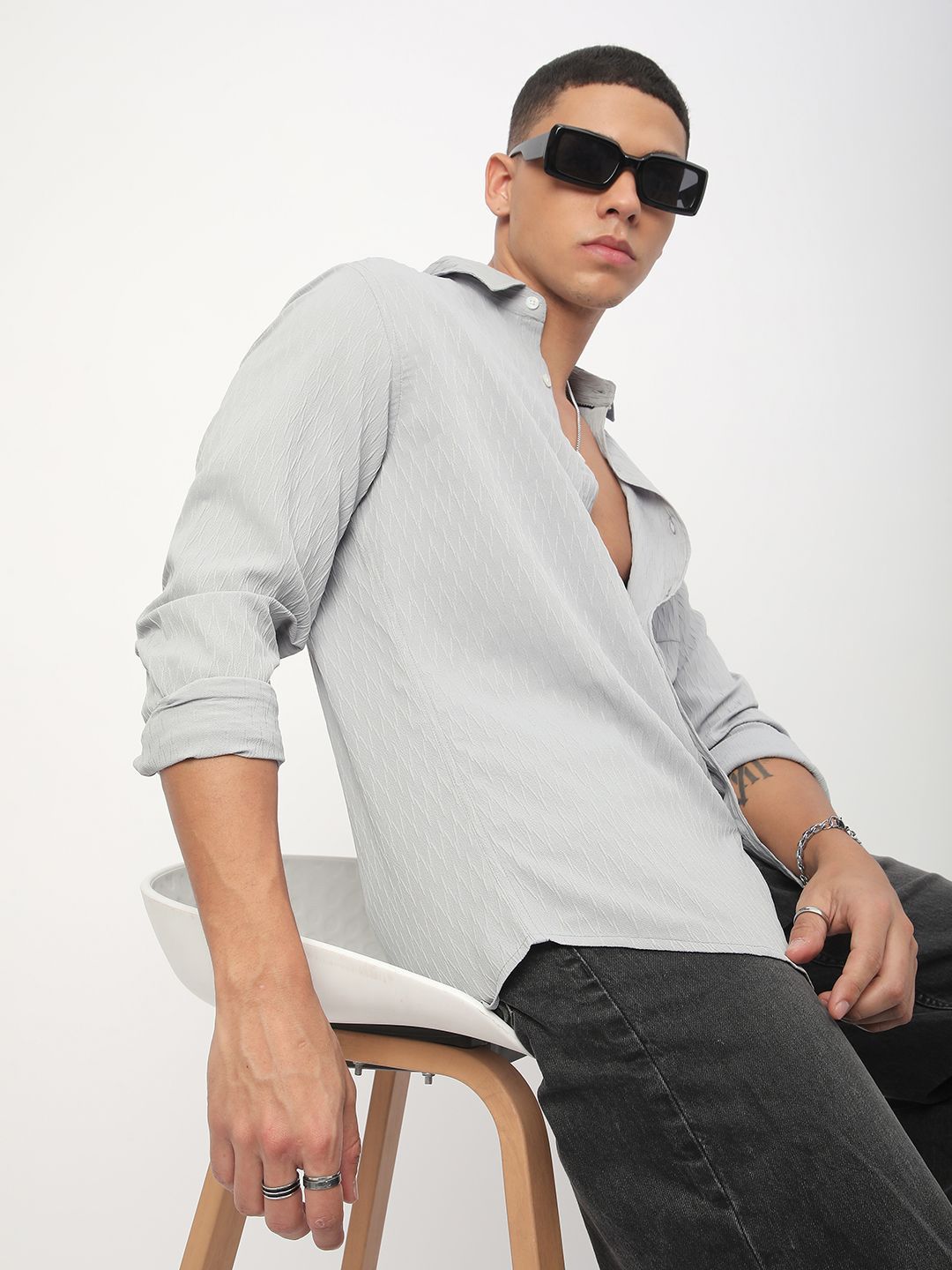 VASTRADO Men Classic Spread Collar Textured Slim Fit Casual Shirt