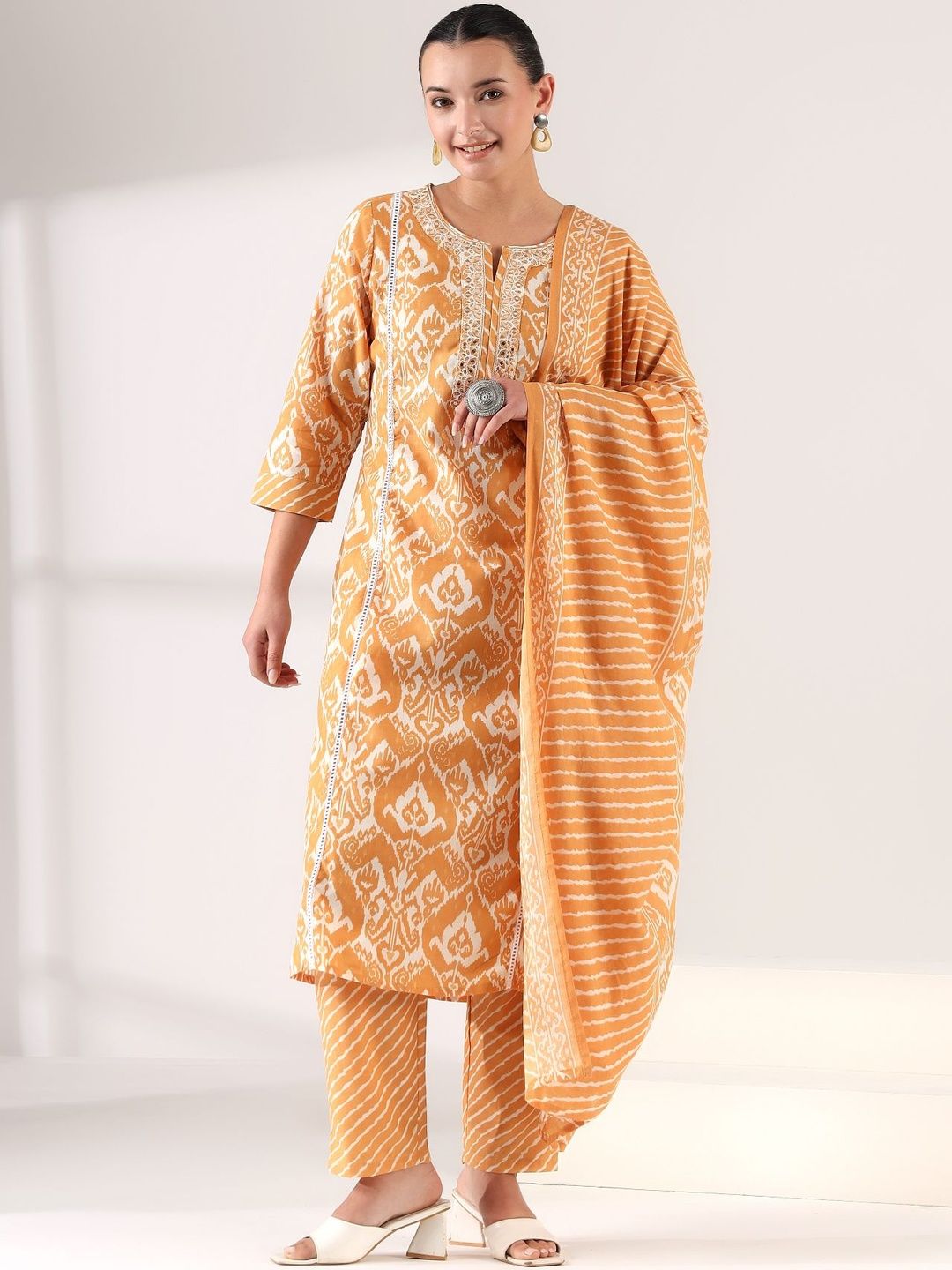 Motif Etnik Wanita Mamicha Bercetak Cermin Biasa Kurta Kerja dengan Seluar & Dengan Dupatta