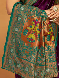 Kalini Silk Blend Woven Paithani Saree with Blouse Piece