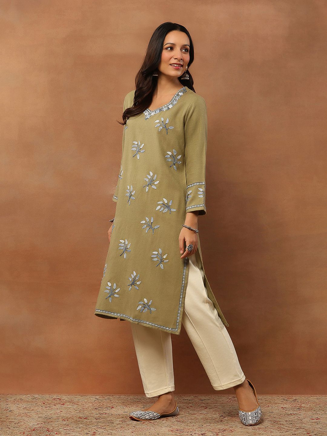 House of Chikankari Women Olive Woolen Aari Sulam Kurta
