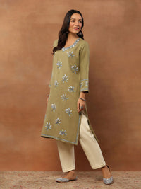 House of Chikankari Women Olive Woolen Aari Sulam Kurta