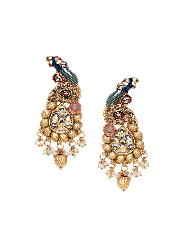 PANASH Gold-Plated Peacock Shaped Stone Studded & Beaded Drop Earrings