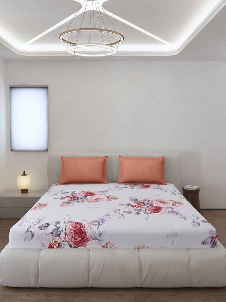 Monte Carlo Stanley White & Pink Floral Printed 144TC King Bedsheet Set 1.85 m x 1.95 m