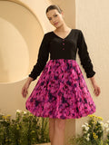 Antheaa Floral Colourblocked Chiffon Fit & Flare Dress