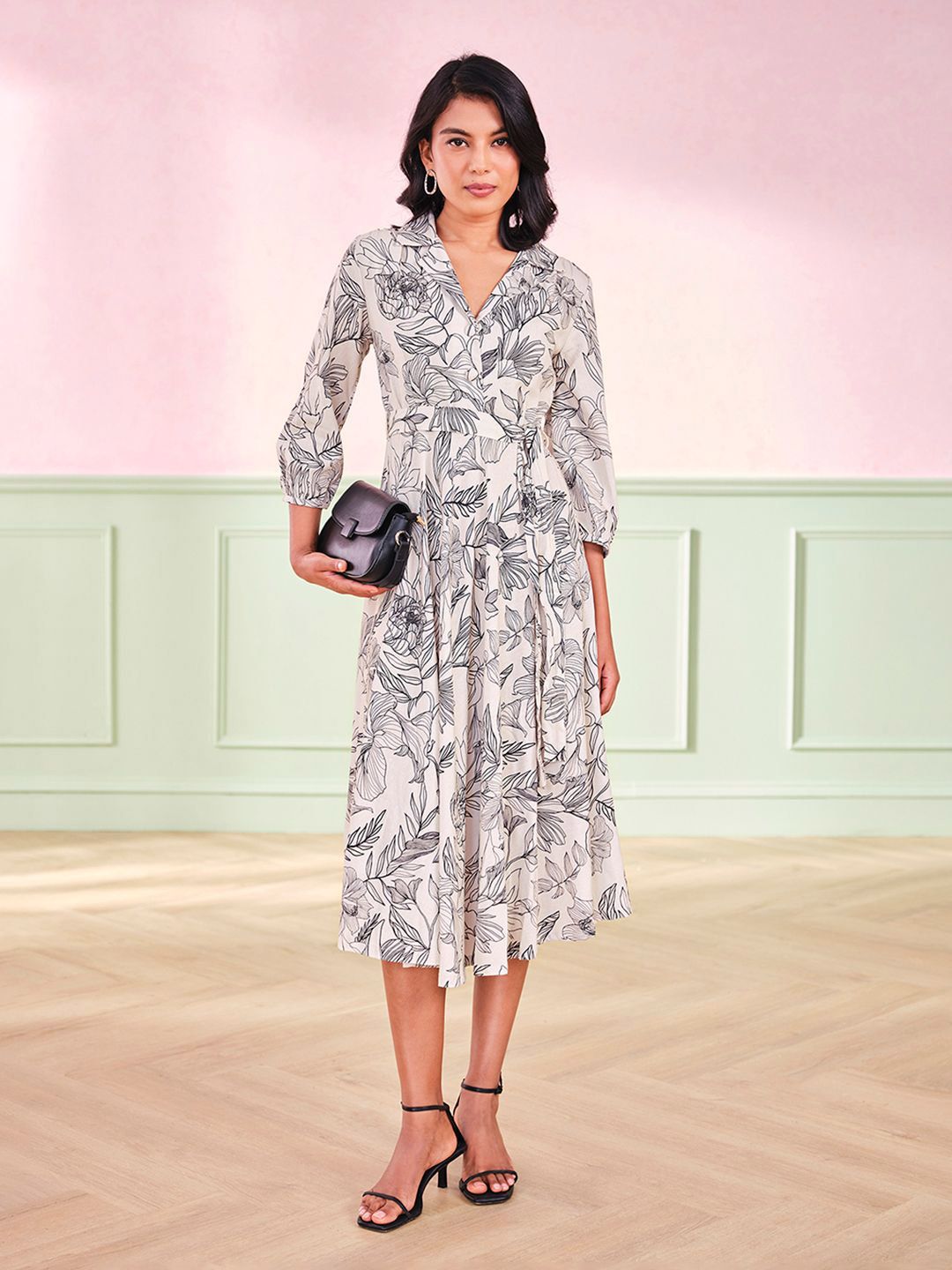 AND Animal Print Women V-Neck Fit & Flare Midi Dress