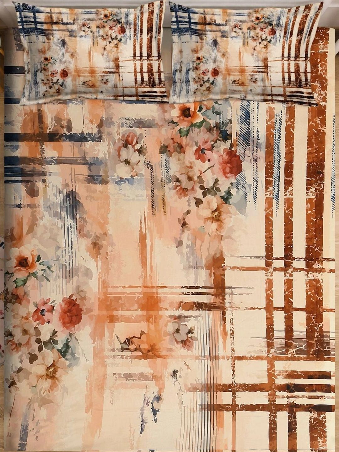 KLOTTHE Beige & Brown Floral Printed Fitted 400 TC King 7D Bedsheet with 2 Pillow Covers