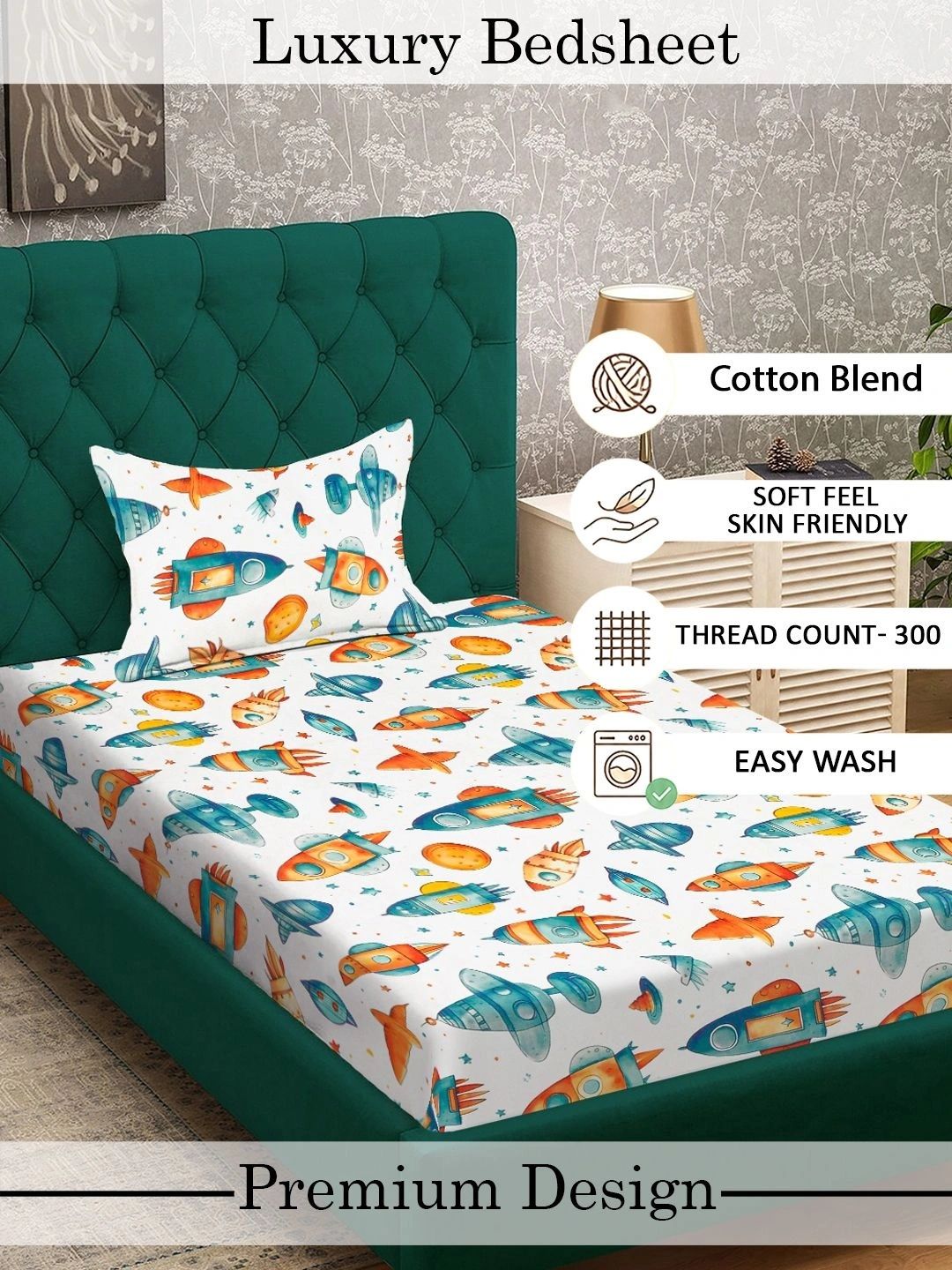 Myntra Elegant Homes Watak Kartun Putih 300 TC Cadar Tempat Tidur Single dengan 1 Sarung Bantal