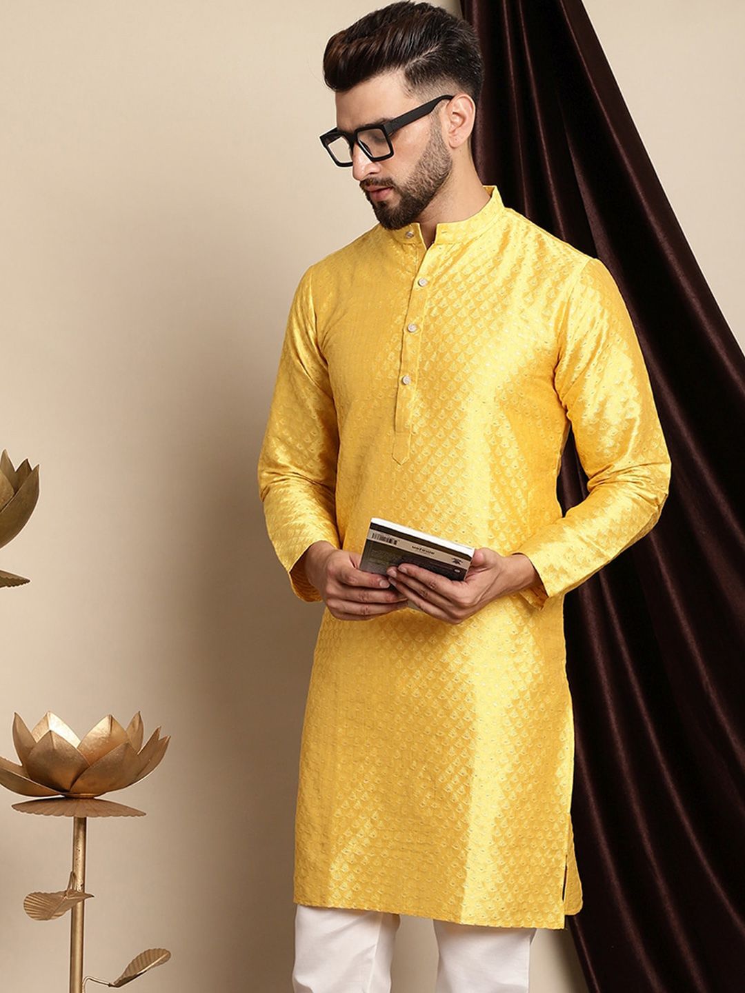 Anouk Woven Design Band Collar Zari Silk Cotton Straight Kurta