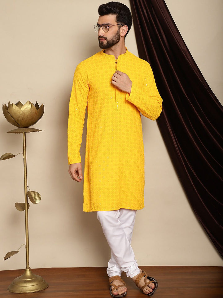 Anouk Yellow Embroidered Sequinned Pure Cotton Kurta with Churidar