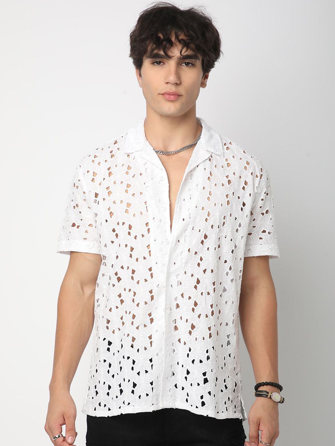 VASTRADO Men Classic Cuban Collar Textured Cotton Oversized Casual Shirt