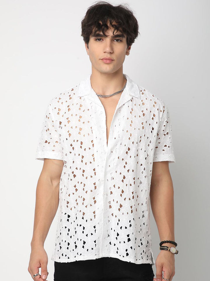 VASTRADO Men Classic Cuban Collar Textured Cotton Oversized Casual Shirt