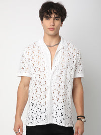 VASTRADO Men Classic Cuban Collar Textured Cotton Oversized Casual Shirt