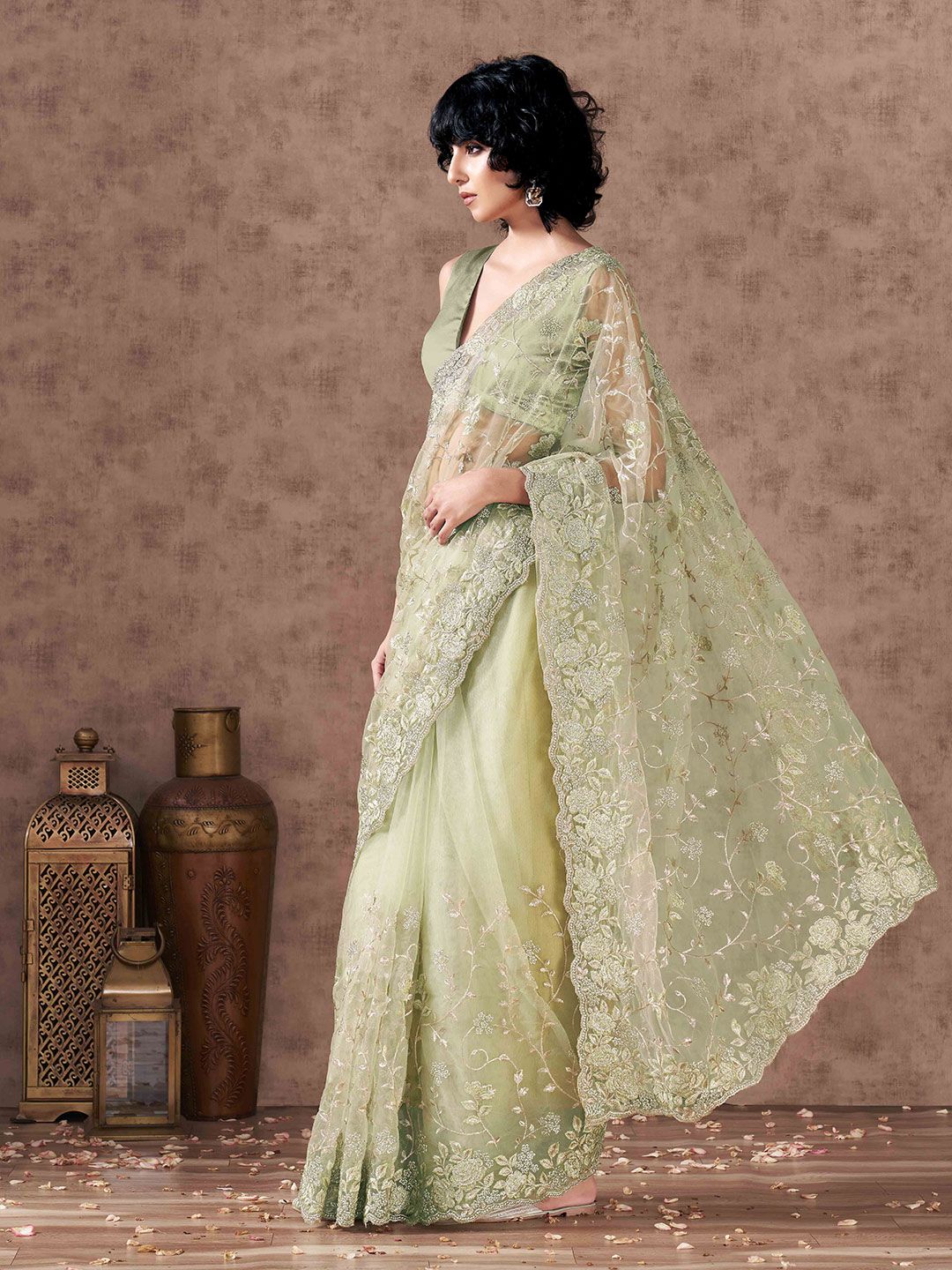 Tikhi Imli Floral Embroidered Net Saree