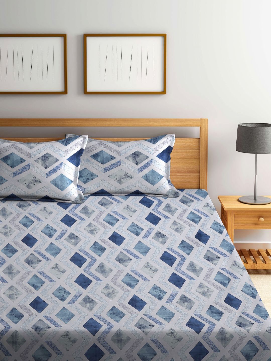 Myntra Elegant Homes Grey & Blue Printed Pure Cotton 400 TC King Set Cadar 2.5 x 2.2 m