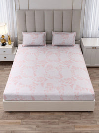 Monte Carlo Peach-Coloured & White Floral Printed 130 TC King Bedsheet Set 2.75 m x 2.75 m