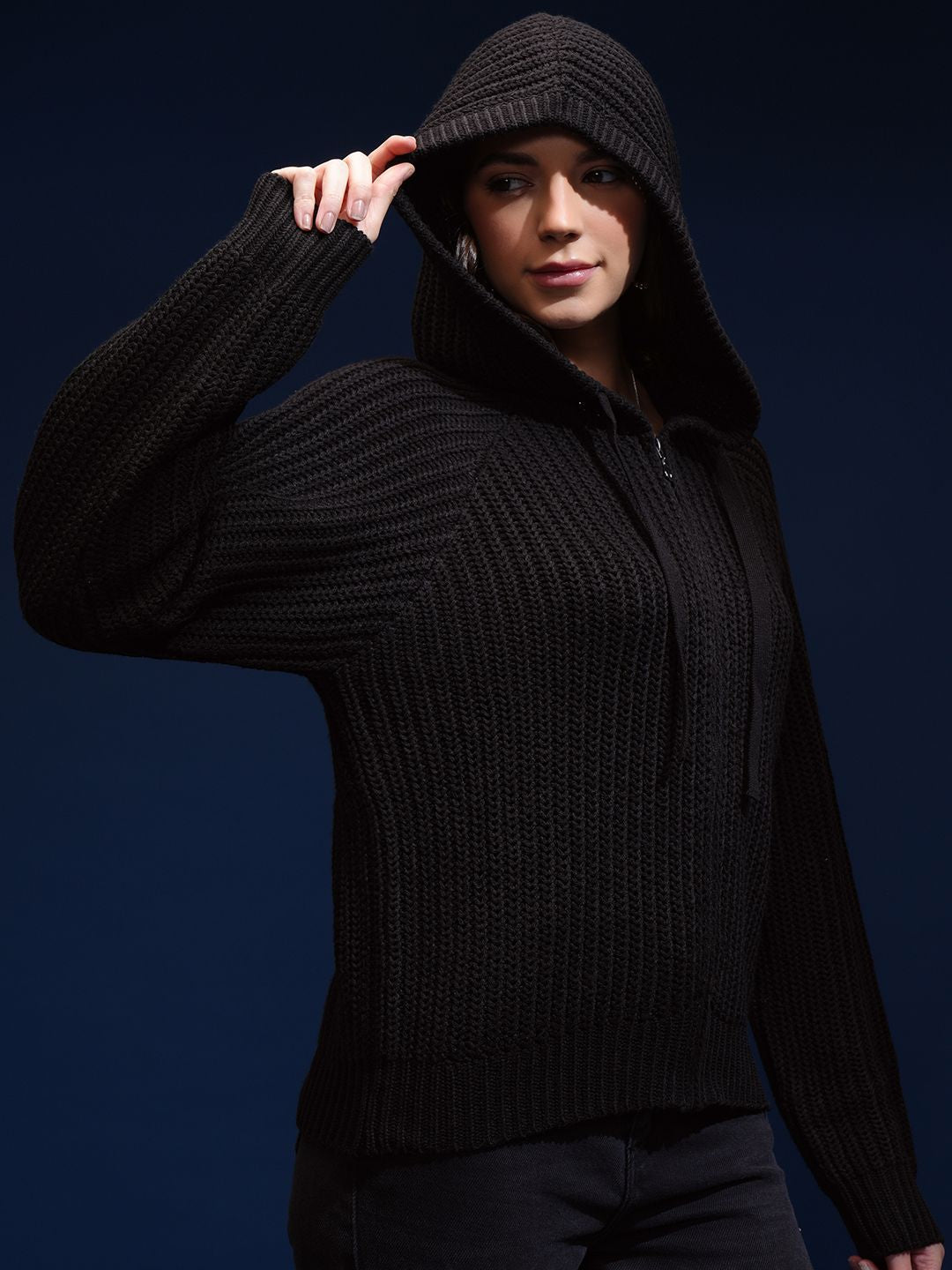 Tokyo Talkies Women Cable Knit Hooded Pullover Sweater