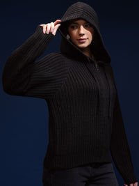 Tokyo Talkies Women Cable Knit Hooded Pullover Sweater