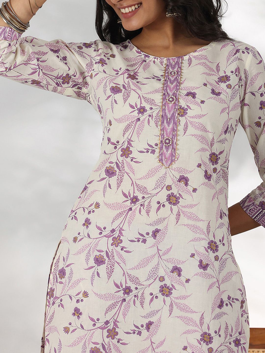 Libas Floral Printed Gotta Patti Pure Cotton Straight Kurta with Trousers & Dupatta