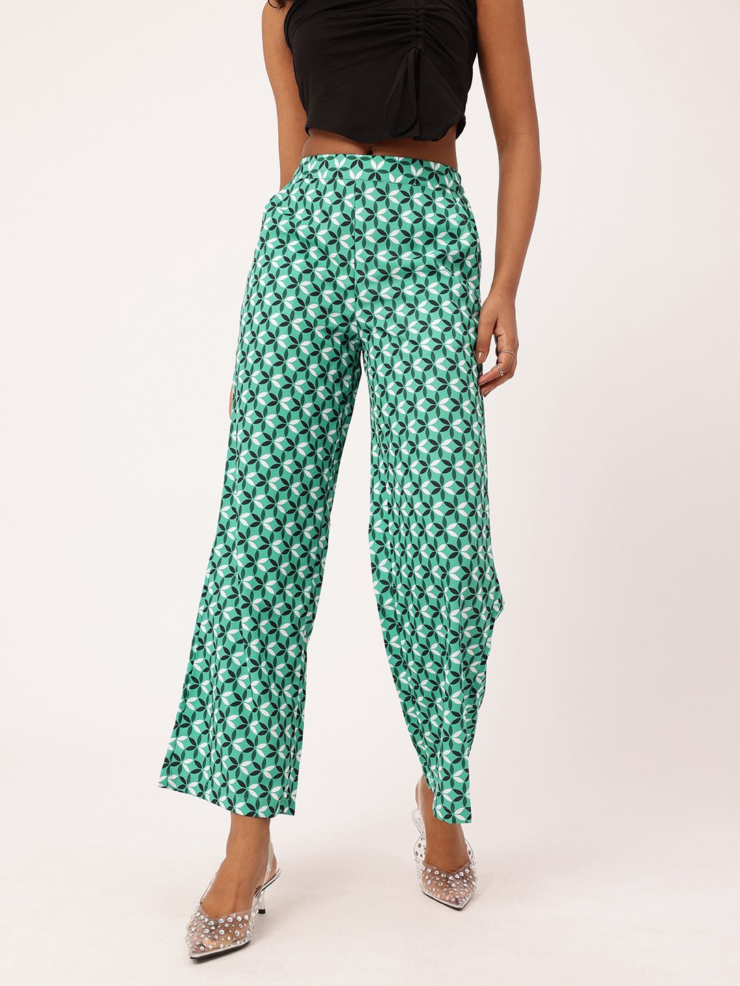 DressBerry Women Emerald Geometric Relaxed Wide Leg Trousers