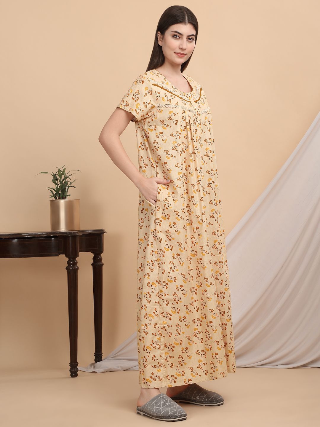 Sweet Dreams Women Printed Short Sleeves Maxi Nightdress
