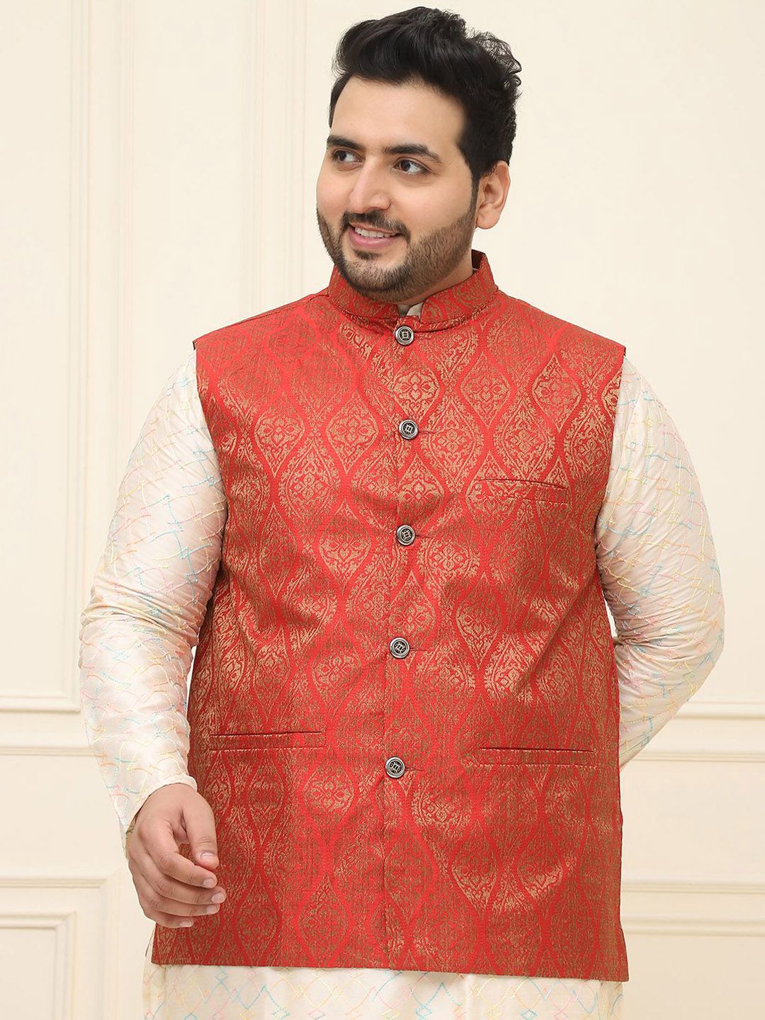 SOJANYA PLUS Lelaki Plus Size Printed Mandarin Collar Nehru Jaket