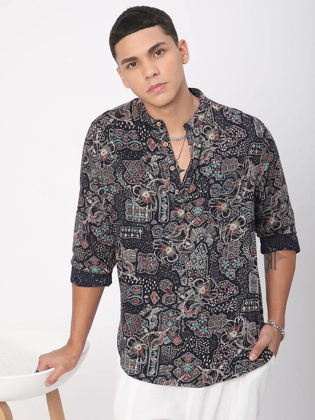 VASTRADO Picturesque Abstract Printed Band Collar Straight Kurta