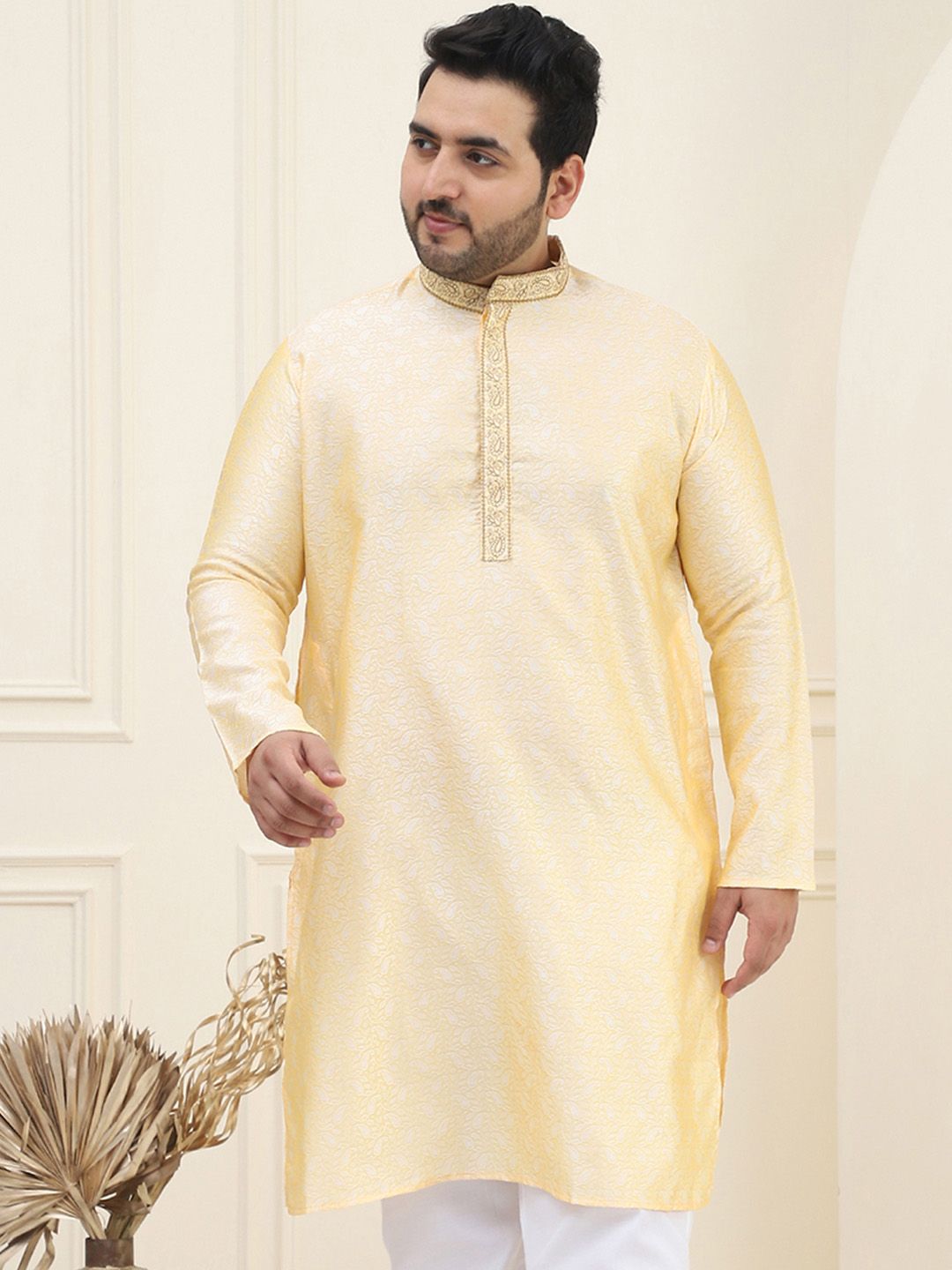 SOJANYA Plus Paisley Woven Design Kolar Mandarin Lengan Panjang Kurta Lurus