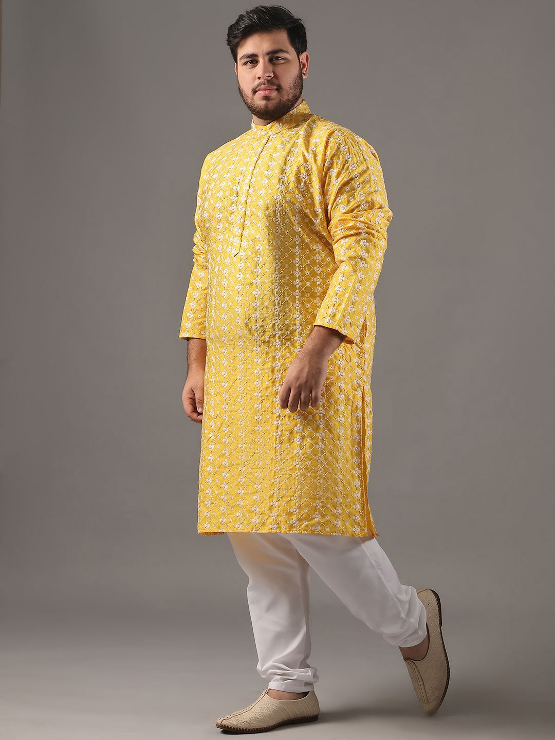 SOJANYA PLUS Plus Size Lelaki Sulam Bunga Kapas Tulen Kurta Lurus Dengan Piyama