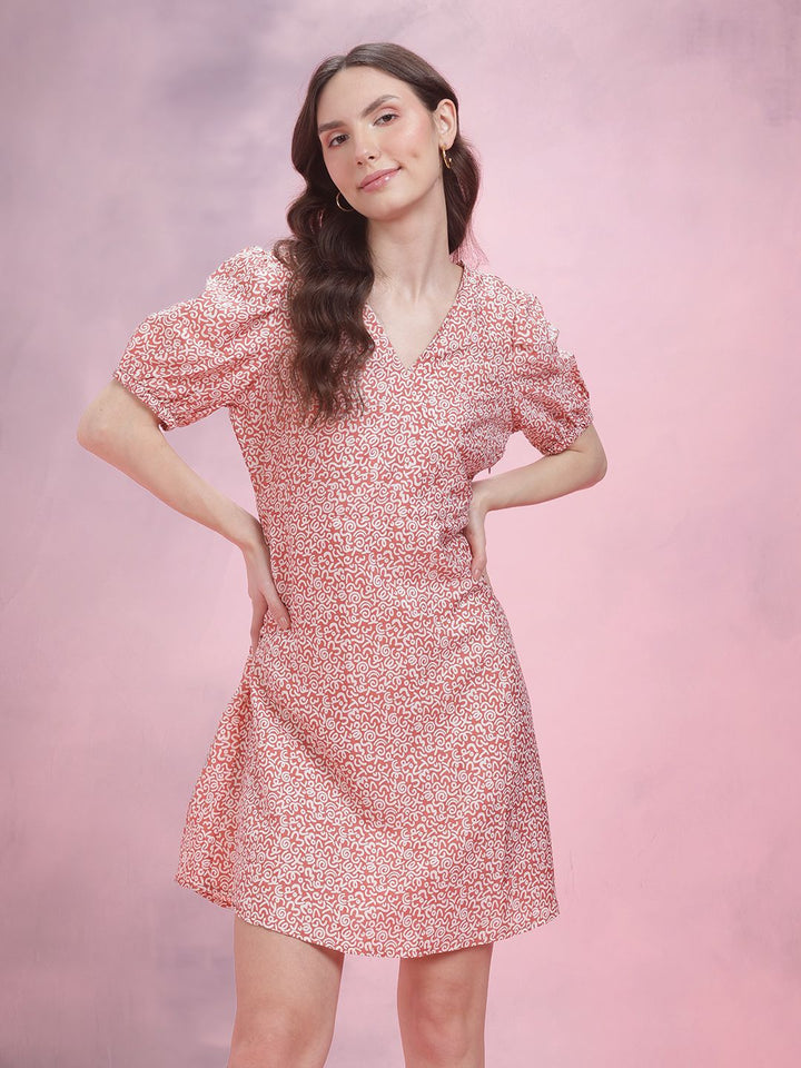 DressBerry Printed Puff Sleeve A-Line Dress