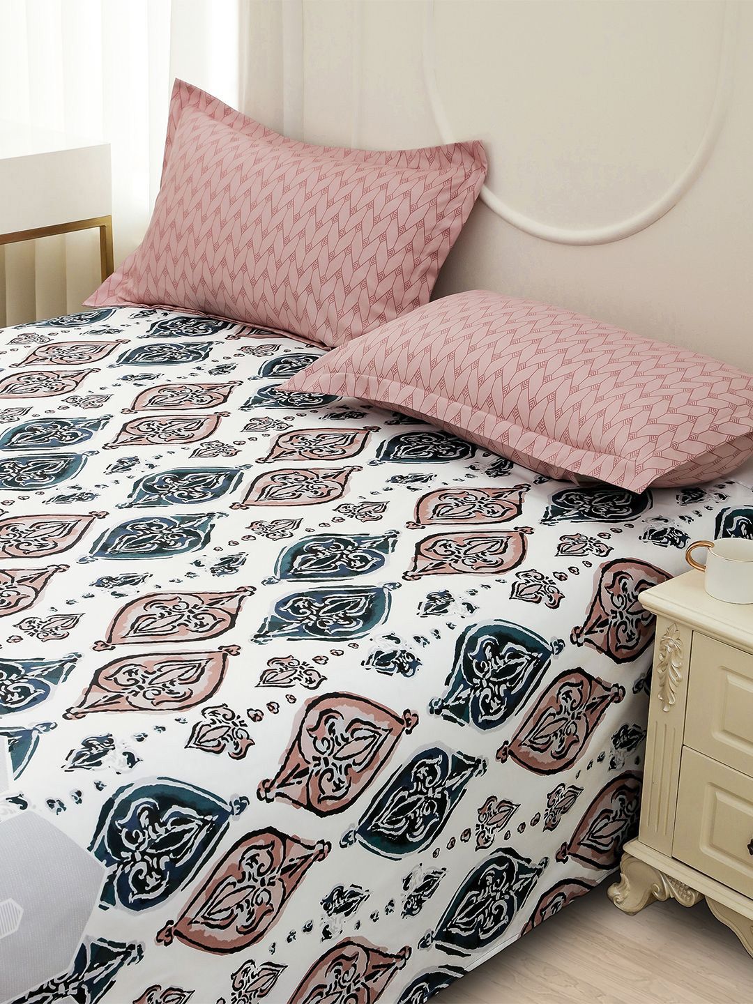 Story@home White Ethnic Printed 240 TC Satin Finish Queen Bedsheet Set